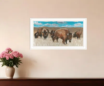 Hivvago Bison Herd White Framed Print Wall Art In Multi