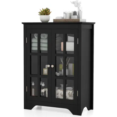 Hivvago Black Bathroom Storage Linen Cabinet With Adjustable Shelves And Glass Doors