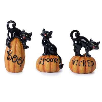 Hivvago Black Cat On Pumpkin Figurine (set Of 3) In Multi