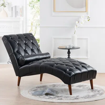 Hivvago Black Faux Leather Upholstered Armless Chaise Lounge Chair With Lumbar Pillow