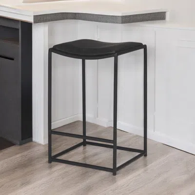 Hivvago Black Genuine Leather And Iron Backless Counter Height Bar Chair