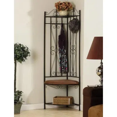 Hivvago Black Metal Scrolling Corner Hall Tree Coat Rack Storage Bench In Brown