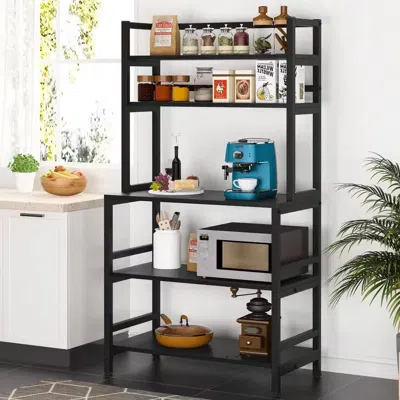 Hivvago Black Metal Wood Freestanding Kitchen Shelf Bakers Rack Microwave Stand