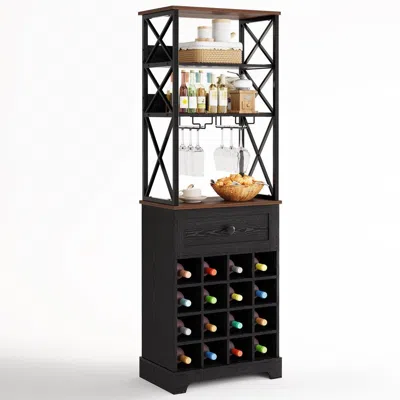 Hivvago Black/brown Wine Rack Kitchen Bar Storage Cabinet Shelf With Glass Holders