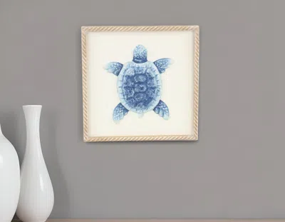Hivvago Blue And White Distressed Metal Sea Turtle Brown Frame Wall Art In Multi