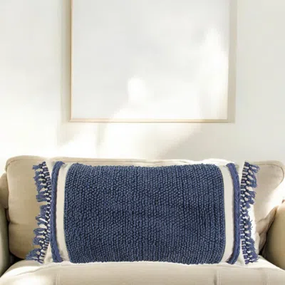 Hivvago Blue Braided Stripe Macrame Fringe Lumbar Pillow