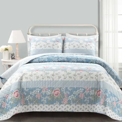 Hivvago Blue Pink White Beige Floral Cottage Lightweight 3-piece Quilt Set