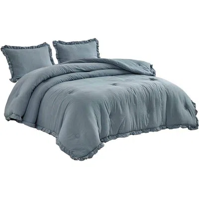 Hivvago Blue Stone Washed Ruffled Edge Microfiber 3-piece Comforter Set