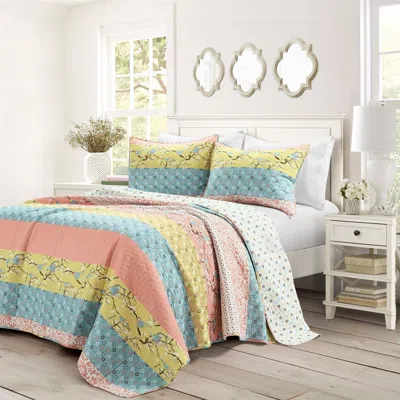 Hivvago Blue Yellow Pink Ivory Boho Floral Reversible Lightweight Quilt Set In Multi