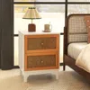 Hivvago Boho Accent Table Nightstand With 2 Handwoven Rattan Decorated Drawers-white