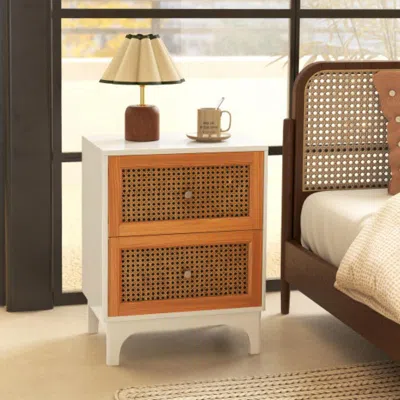 Hivvago Boho Accent Table Nightstand With 2 Handwoven Rattan Decorated Drawers-white