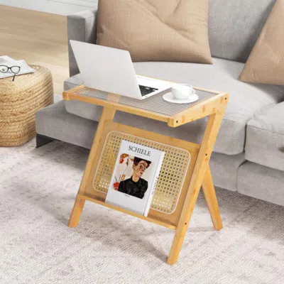 Hivvago Boho End Table With Magazine Rack And Tempered Glass Top-natural