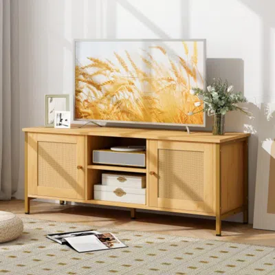 Hivvago Boho Tv Stand For Tv Up To 55 Inches With Faux Rattan Door-natural In Blue