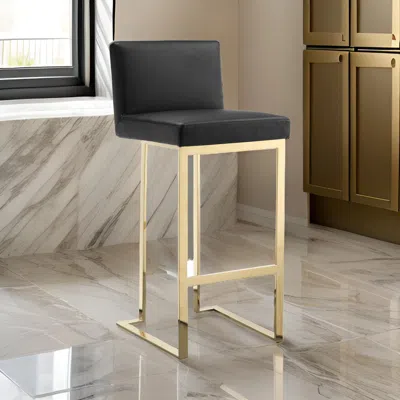 Hivvago Boly 30 Inch Barstool Chair, Cushioned Black Faux Leather, Gold Cantilever