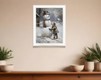Hivvago Boy Building A Snowman White Framed Wall Art