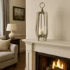 Hivvago Brie Candle Holder Lantern, 23 Inch, Silver Metal Frame, Glass Shade In Metallic