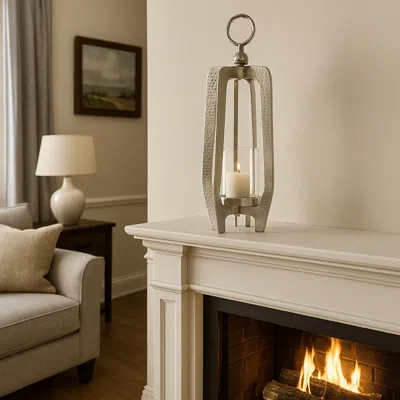 Hivvago Brie Candle Holder Lantern, 23 Inch, Silver Metal Frame, Glass Shade In Metallic