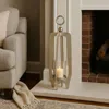 Hivvago Brie Candle Holder Lantern, 27 Inch, Silver Metal Frame, Glass Shade