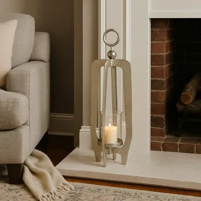 Hivvago Brie Candle Holder Lantern, 27 Inch, Silver Metal Frame, Glass Shade