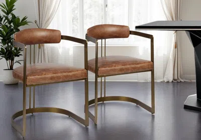Hivvago Brown And Gold Upholstered Leather Open Back Dining Arm Chair