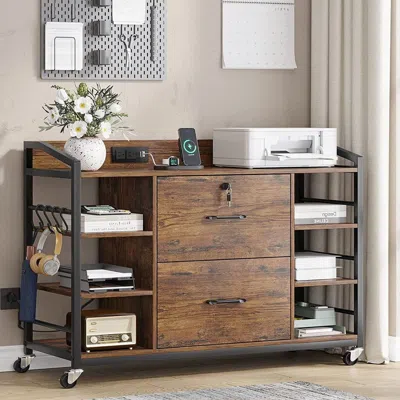 Hivvago Brown Printer Stand Bookcase Power Station Mobile Office File Cabinet
