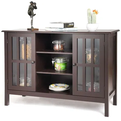 Hivvago Brown Wood Sofa Tale Console Cabinet With Tempered Glass Panel Doors