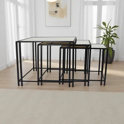Hivvago Buckley Nesting Plant Stand Table Set Of 2, Black Metal, Mirrored Top