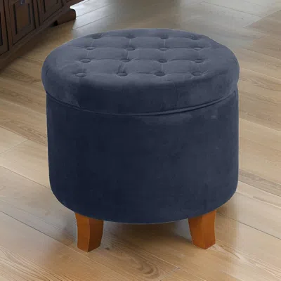 Hivvago Button Tufted Velvet Upholstered Wooden Ottoman With Hidden Storage, Dark Blue And Brown