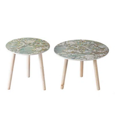 Hivvago Byle 16, 20 Inch Side Table Set Of 2, Floral Design, Cherry Blossom, Blue In Multi