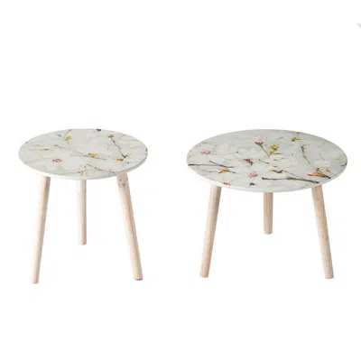 Hivvago Byle 16, 20 Inch Side Table Set Of 2, Floral Design, Cherry Blossom, White In Neutral