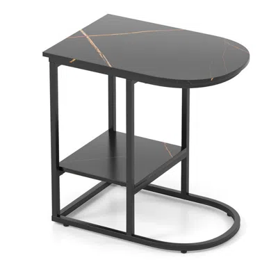 Hivvago C-shaped Modern Sofa Side Table With Faux Marble Tabletop And Storage Shelf