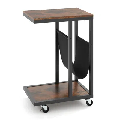 Hivvago C-shaped Side Table With Canvas Storage Pouch And Metal Frame-borwn