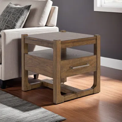 Hivvago Cabal Square Side End Table, Drawer, Shelf, Light Brown Wood, 24 Inch