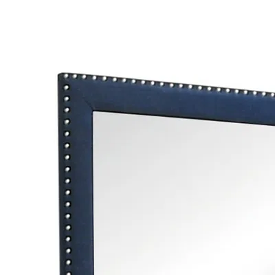 Hivvago Cale 40 Inch Modern Glam Portrait Mirror, Nailhead, Blue Velvet Upholstered