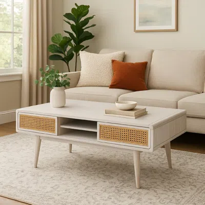Hivvago Camy Coffee Table, Brown Cane Woven Doors, Open Shelf, White 48 Inch