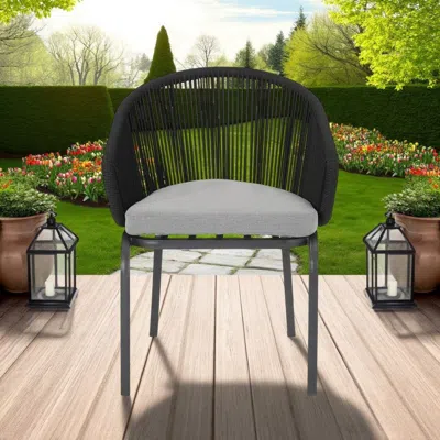 Hivvago Candy Outdoor Dining Chair Set Of 2, Gray Fabric, Black Metal, Woven Rope