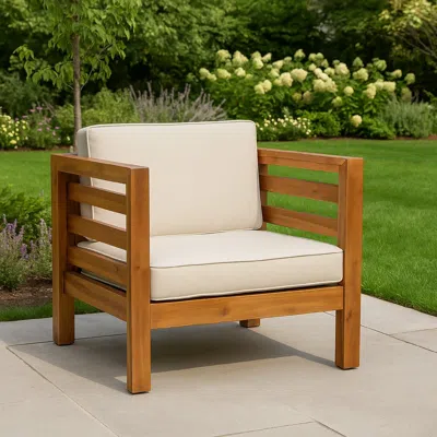 Hivvago Carie Outdoor Accent Chair, Beige, Soft Cushions, Brown Acacia Wood