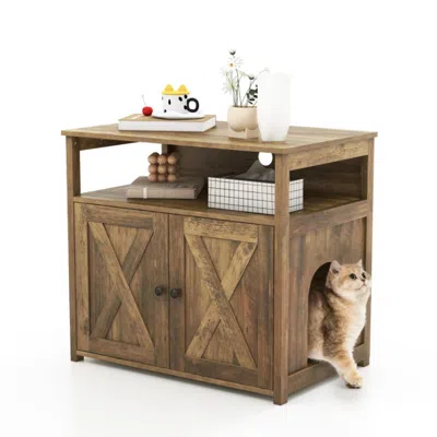 Hivvago Cat Litter Box Enclosure With Double Barn Doors Divider Side Entry And Storage Shelf In Brown