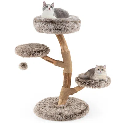 Hivvago Cat Tree Solid Pear Wood With Perch And Natural Jute Scratching Posts In Brown