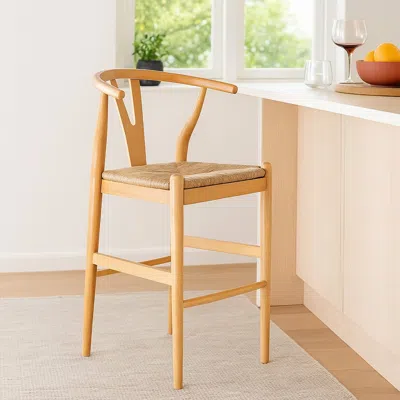 Hivvago Cera Barstool Chair Set Of 2, Handwoven Rope Seat, Natural Brown Wood