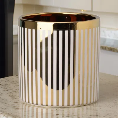 Hivvago Ceramic Cylindrical Planter With Strips Pattern, White And Gold