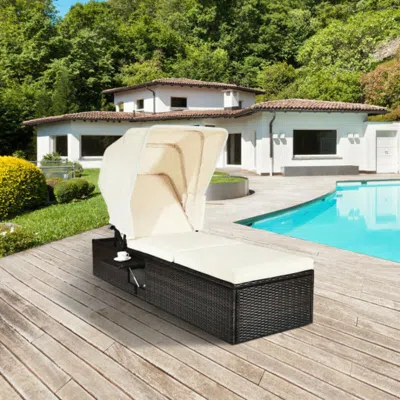 Hivvago Chaise Cushioned Top Canopy Patio Rattan Lounge Chair With Tea Table In Neutral
