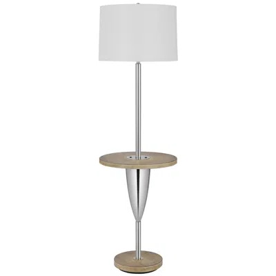 Hivvago Charlie 61 Inch Modern Floor Lamp, Wood Table, 1 Usb, Glossy, White, Brown