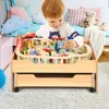 Hivvago Children's Wooden Railway Set Table With 100 Pieces Storage Drawers