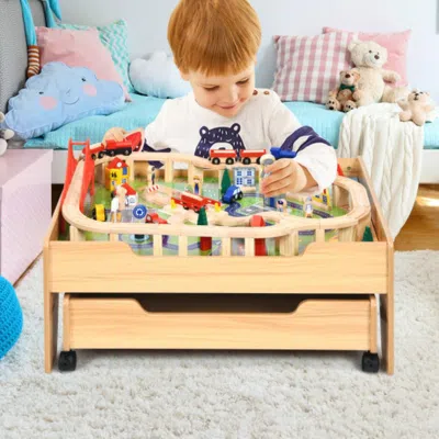 Hivvago Children's Wooden Railway Set Table With 100 Pieces Storage Drawers In Brown