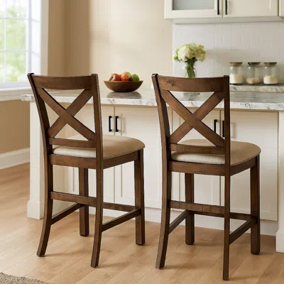 Hivvago Chip Counter Height Chair Set Of 2, Distress Nutmeg Wood, Polyester In Brown