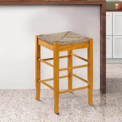 Hivvago Chris 24 Inch Counter Stool With Wood Frame, Handwoven Rush Seat, Oak Brown In Multi
