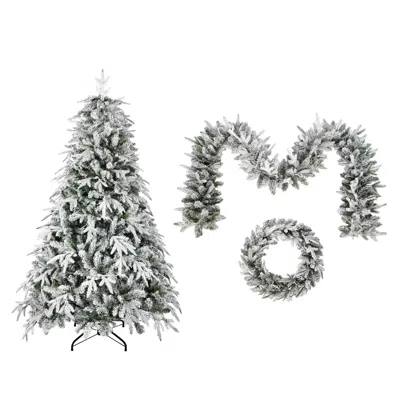 Hivvago Christmas Snow Flocked Wreath With Xmas Snow Garland And Snow Xmas Tree, 9ft Flocked Garland, Flocke In Gray