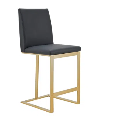 Hivvago Cid Anki Counter Stool Chair, Dark Gray Faux Leather, Brass Stainless Steel