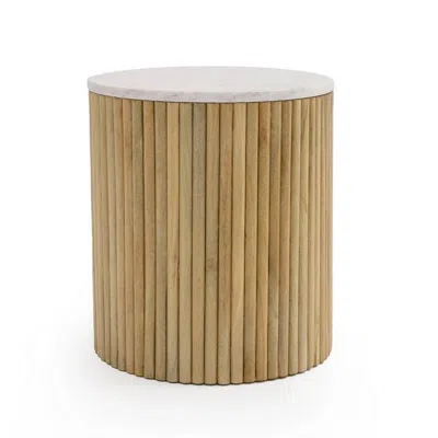 Hivvago Cid Jolie 18 Inch Side End Table, White Marble Top, Brown Mango Wood Base
